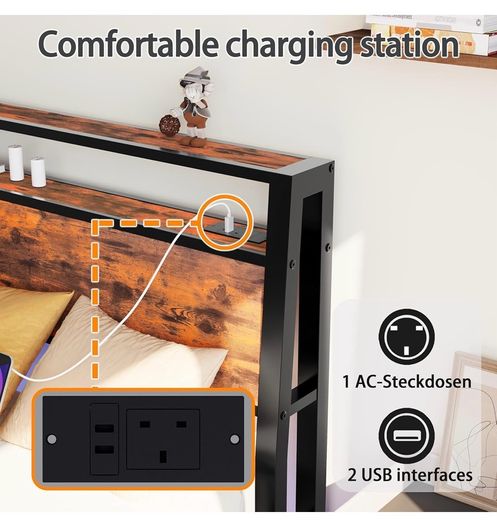 Single Bed Frame with Charging Station and LED Lights, Wood Headboard
