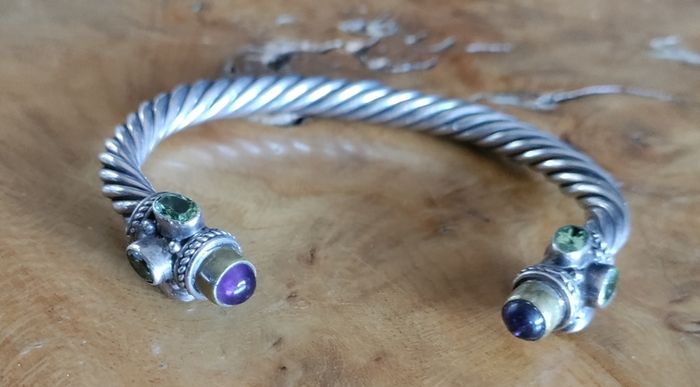 Bracelet Beautiful Silver Torque Bangle Cuff with Amethyst and peridot
