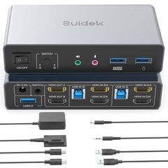 HDMI KVM Switch 2 Monitors 2 Computers Support 4K@60Hz, 3 Port USB3.0 KVM