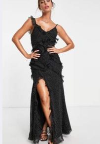 Occassion dress- spot printed tiered ruffle detail maxi dress with slit.