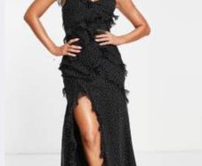 Occassion dress- spot printed tiered ruffle detail maxi dress with slit.