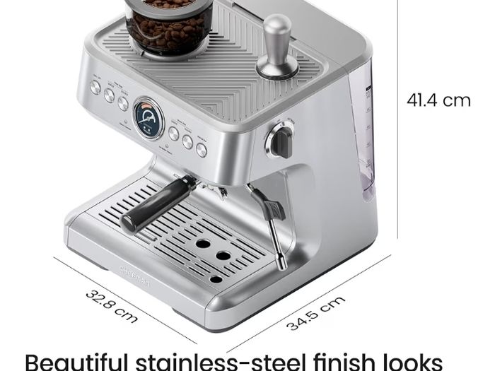15 Bar Espresso Machine with Milk Frother, Barista Steam Wand, Professional Coffee Maker with Coffee Grinder, 30 Grind Settings, 3L Removable Water Tank - Stainless Steel