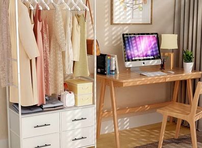 Clothes Rail with Drawers for Bedroom, with 4 White Fabric Drawers, 4 Side Hooks and Metal Frame 30D x 80W x 172H cm