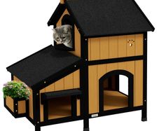Wooden Cat House with Flower Pot, Windows, Multiple Entrances, Water-Resistant Roof for Outdoor - Yellow