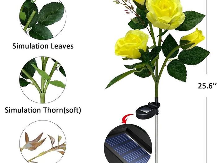 Solar Lights Outdoor Garden, Garden Light Solar Powered with 8 Rose Flowers Garden Ornaments, 2 Pack Yellow Outside Waterproof Solar Garden Lighting for Christmas Gift Valentines Gifts for him