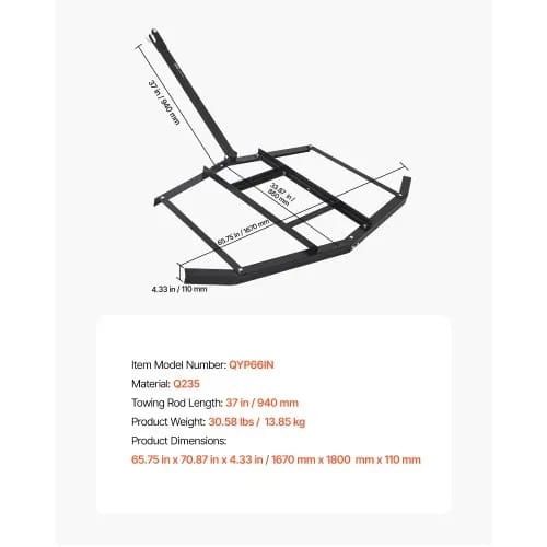 Drag Harrow, 66" Width Tow Behind Drag Harrow, Q235 Steel Driveway Grader with Adjustable Bars & Pin Hitch, Support up to 50 lbs, Tractor Driveway