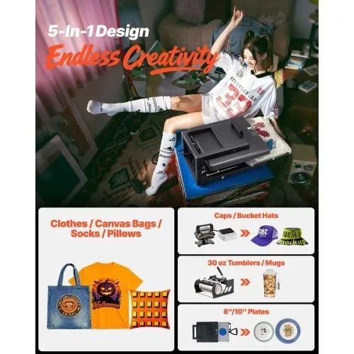 Hybrid Heat Press, 380 x 380 mm, 5-in-1 Multifunction, Heat Up Fast and Even, All-New Patented Design, Easy to Control, Sublimation Press Machine for T-shirts/Mugs/Tumblers/Caps/Plates, Black