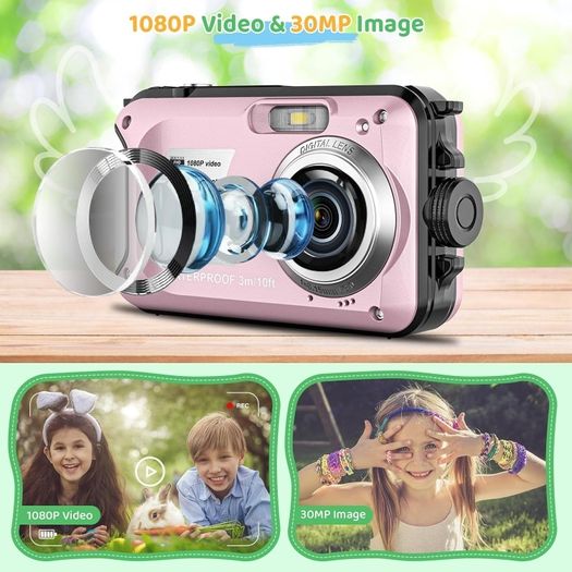 YISENCE YS812 Underwater Camera, Waterproof, 10FT, 1080P Full HD, 30MP, 16X Digital Zoom, 32GB Memory Card, Anti-Shake, Pink