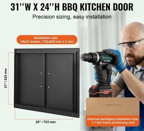 Door, 788x610 mm Double Outdoor Kitchen Door, Cold Plate Flush Mount Door, Wall Vertical Door with Handles, for BBQ Island, Grilling Station, Outside Cabinet