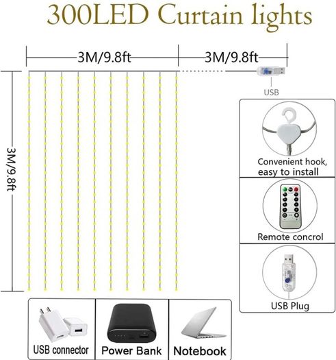 Curtain Fairy Lights Waterproof, 3mx3m 300LED Fairy Lights with 8 Modes Remote Control Timer Adjustable Brightness, Curtain Light Plug in for Bedroom, Garden, Party, Wedding, Christmas MULTIPLE COLOURS AVAILABLE (FREE POSTAGE)