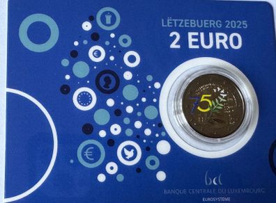 Luxembourg 2 Euro Commemorative Coloured Coin 2025 - The Schuman Declaration. BU. Coincard
