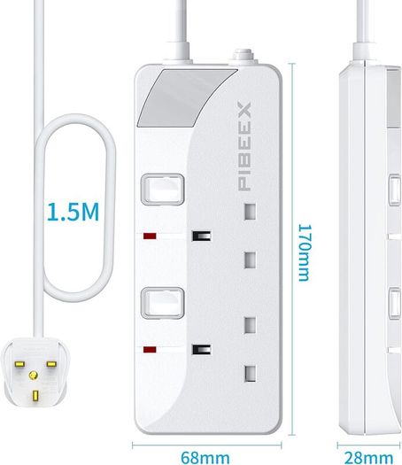 Extension Lead 2 Way Plug Sockets with Individual Switches Wall Mountable Power Strip 1.5M Extension Cable 13A Fused UK Plug 3250W