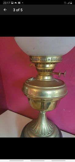 Victorian Brass Oil Lamp, Etched Globe Shade, 2 Ft Tall