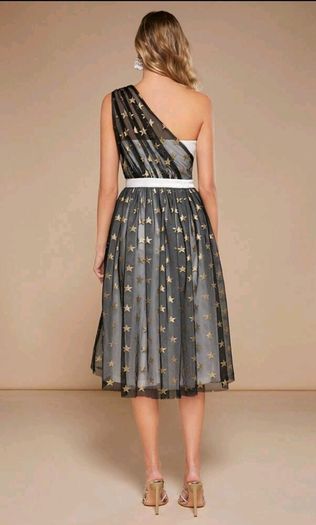 Midi dress one shoulder gold with stars print mesh overlay