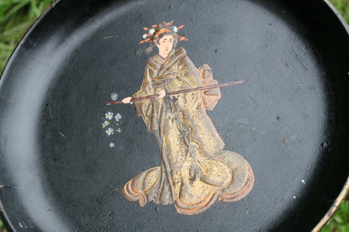 19th Century English Chinoiserie Papier Mache Wine Coaster Tray and Mid 19th Century English Victorian Period Papier Mache Tray with Mother-of-Pearl