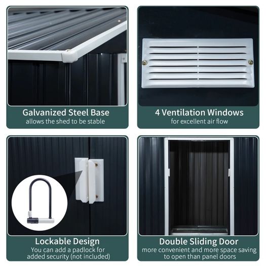 NEW SALE | 7ft x 4ft Lockable Garden Shed Large Patio Roofed Tool Metal Storage Building Foundation Sheds Box Outdoor Furniture, Dark Grey