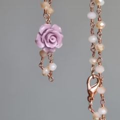 Rose gold stainless steel rosary chain necklace lilac flower