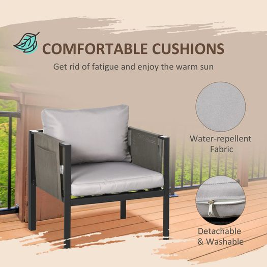 4 Piece Metal Garden Furniture Set - Includes Tempered Glass Coffee Table, Texteline Pocket, Outdoor Patio Set with Loveseat, Single Armchairs and Padded Cushions, Light Grey