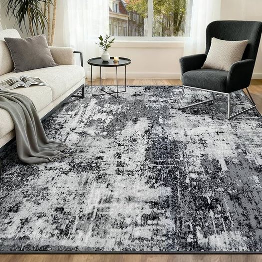 Washable Rugs Living Room 150x210 cm Modern Abstract Rug with Soft Low Pile Vacuum Friendly Non Slip Backing Minimalist Carpet for Lounge Bedroom Dining Room Home Office Black/Grey/White/Navy