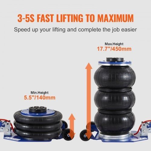 Air Jack, 3 Ton/3000 kg Triple Bag Air Jack, Airbag Jack with Six Steel Pipes, Lift up to 44.9cm, 3-5 s Fast Lifting Pneumatic Jack, with Adjustable Long Handles for Cars, Garages, Repair (Blue