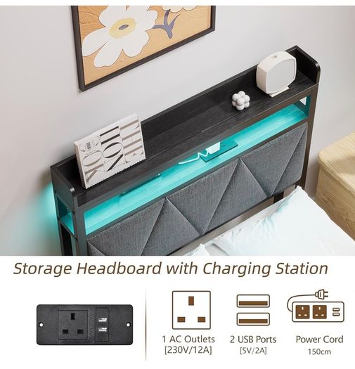 Single Bed Frame with 3ft Upholstered Wooden Storage Headboard, Grey Single Bed Frame with LED Lights & USB Charging, 90x190cm Two-shelf Storage Headboard, Heavy Duty Slats for Small Bedrooms