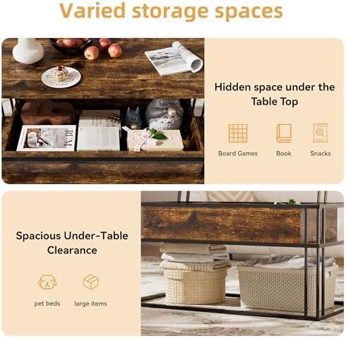 Lift Top Coffee Table - Modern Square Tables, Stable Metal Frame & Hidden Storage, Centre Table for Living Room, Small Space, Home Office