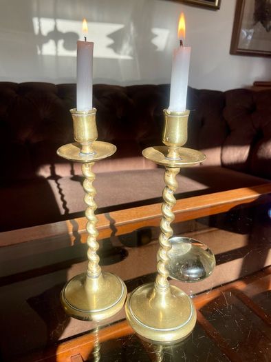 Vintage Brass Single Barley Twist Candlesticks Pair Spiral Candle Holders
