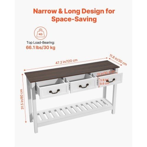120 cm Console Table, Farmhouse Desk Behind the Couch with Drawers and Bottom Storage Shelf, Wooden Rectangle Entrance Narrow Sofa Table