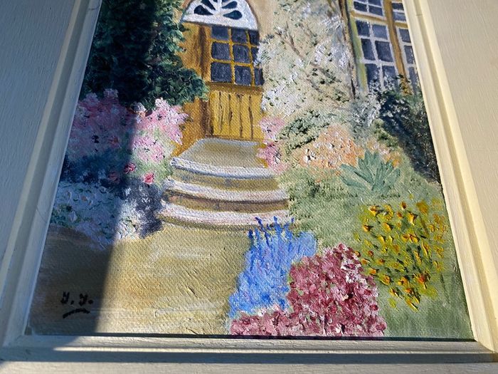 Original Cottage Garden Oil Painting Signed Monogram Y.Y. - Framed