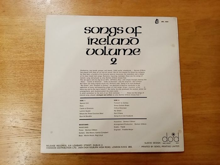 DERMOT O'BRIEN. Songs Of Ireland. Volume 2. Original Irish Pressing. LP. Vinyl. Record. Album.