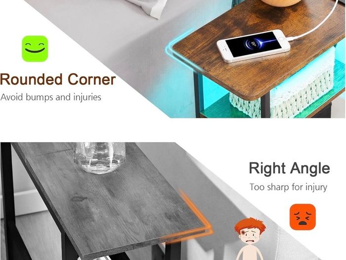 Narrow Bedside Table Set of 2, Slim Side Table for Bedroom Bed Side Table Living Room with Charging Station, Sofa Table with 3 Fabric Drawers, Small Nightstand with LED Lights, Brown