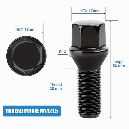 20pcs Tapered Seat Alloy Wheel Bolts | M14x1.5, 28mm Thread, 17mm Hex | Replacement Bolt Kit for Most Audi Volkswagen(Black)