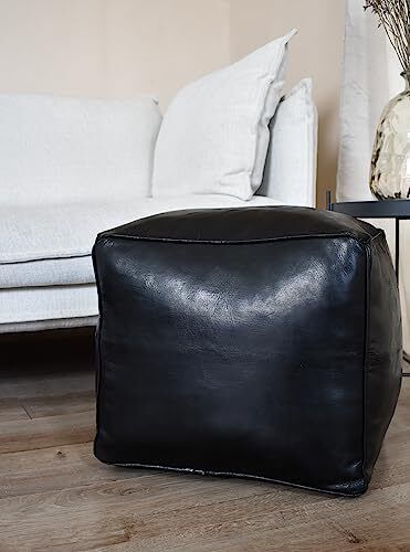 Good Square Leather Pouffe - Handmade - Delivered stuffed - Ottoman footstool, floor cushion (Black)