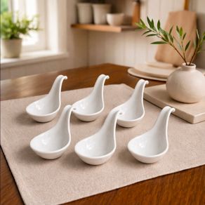 Set of 6 White Ceramic Asian Soup Spoons Modern Minimalist Tableware