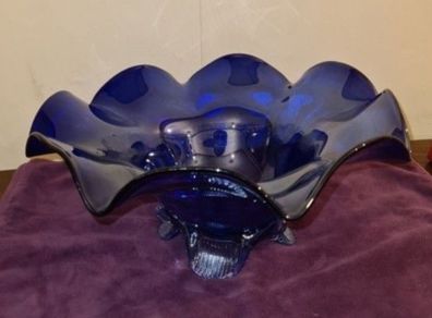 Vintage Hand blown Art Glass Cobalt Blue Serving Bowl
