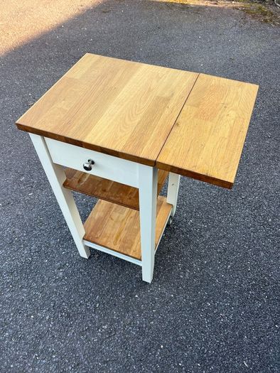 Solid Wood Drop-Leaf Side Table / Kitchen Trolley with Drawer & Shelves