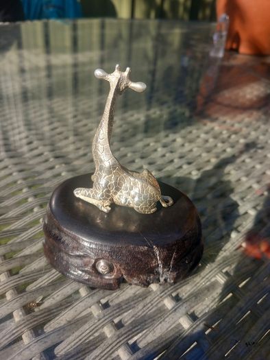 Sterling silver giraffe on Zimbabwean wood, by Patrick Mavros, D18 post 8e