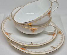 Vintage Porcelain Tea for Two, 2 Cups & Saucers, Gold Gilt & Orange Floral Decoration