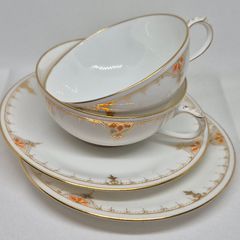 Vintage Porcelain Tea for Two, 2 Cups & Saucers, Gold Gilt & Orange Floral Decoration