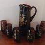 Fabulous Vintage Retro Mid-Century-Modern Hand Blown Tall Glass Pitcher with Six Matching Glasses in Purple/Amethyst Glass with Rose Pattern and Rose Gold Gilt Banding and Frosted Effect Image 2