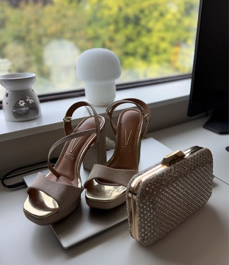 Burgundy Formal Dress, Gold Heels & Clutch, Complete Look