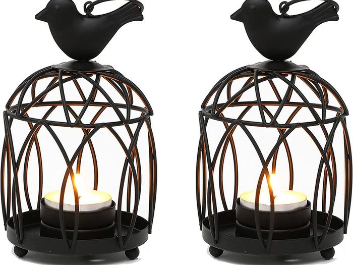 2 Pack Hanging Small Metal Candlestick Holder, Bird Top Tealight Candle Lantern Decorative Birdcage Candle Holder Lanterns for Wedding Party Christmas Patio Indoor Dining Table Gift(Black)