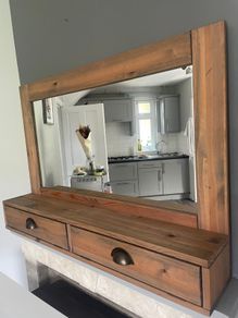 Rustic Solid Wood Overmantel Mirror With Storage Drawers