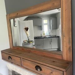 Rustic Solid Wood Overmantel Mirror With Storage Drawers