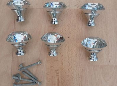 6 x Silver & crystal Drawer handles