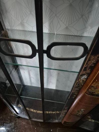Vintage  Turnige Chinoiserie locking ebonised handpainted cabinet 3 tiers