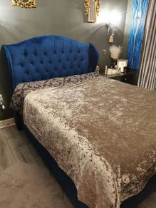 Navy blue double bed frame with underneath storage