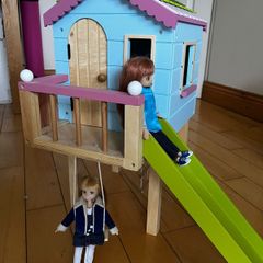 Dolls wooden stables, playhouse, camper, horse and 3 dolls