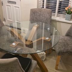 Next Glass + Oak Kitchen Table with 4 Grey Dining Chairs