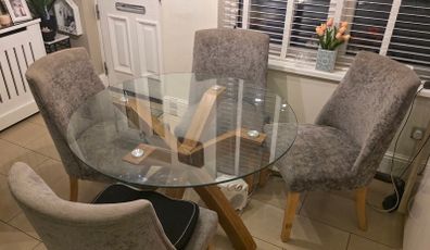 Next Glass + Oak Kitchen Table with 4 Grey Dining Chairs